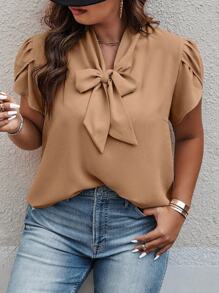 Calvaya Plus Size Solid Color V-Neck Tie Petal Sleeve Casual/Work Shirt