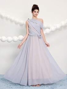 Poshira Abito da ballo da donna elegante di colore unito con scollo asimmetrico, decorazione floreale 3D, vestito da festa, vestito da invitata di matrimonio, vestito da ballo - Grigio - Visualizzare 7