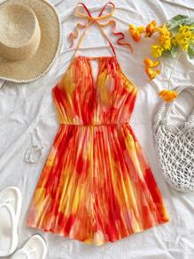 Soleia 扎染花卉印花 V 领露背连体裤，带腰部抽绳，女式，度假风格 - 彩色 - 查看 4