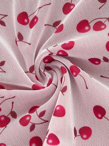 ROMWE Kawaii Áo thun lưới tương phản họa tiết quả anh đào xoắn thắt nút - Nhiều màu - Xem 4