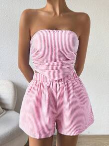 Breezaya Women Striped Ruched Asymmetrical Hem Top And Shorts 2 Pieces Set - Pink - View 3