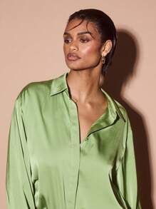 KIZN Satin Mini Dress Draped Front Tie Evening Party Long Sleeve Button Down Collared Elegant Silky Statement Front Split Spring Summer - Green - View 4