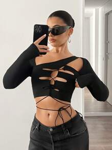 SHEIN ICON Women's Sheer Panel Asymmetrical Cutout Short Black Long Sleeve T-Shirt, Sexy Outdoor Style