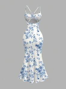 SHEIN MOD Full-Length Blue Vintage Oversized Floral Print French Style Draped Neck Maxi Dress For Women Boho Suitable For Going Out Chic Dress