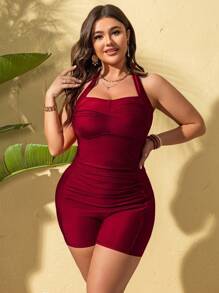 SHEIN Swim Curve Plus Size Women's Red Backless Halter One-Piece Swimsuit, Sexy & Elegant For Summer Beach & Vacation - Red - View 3