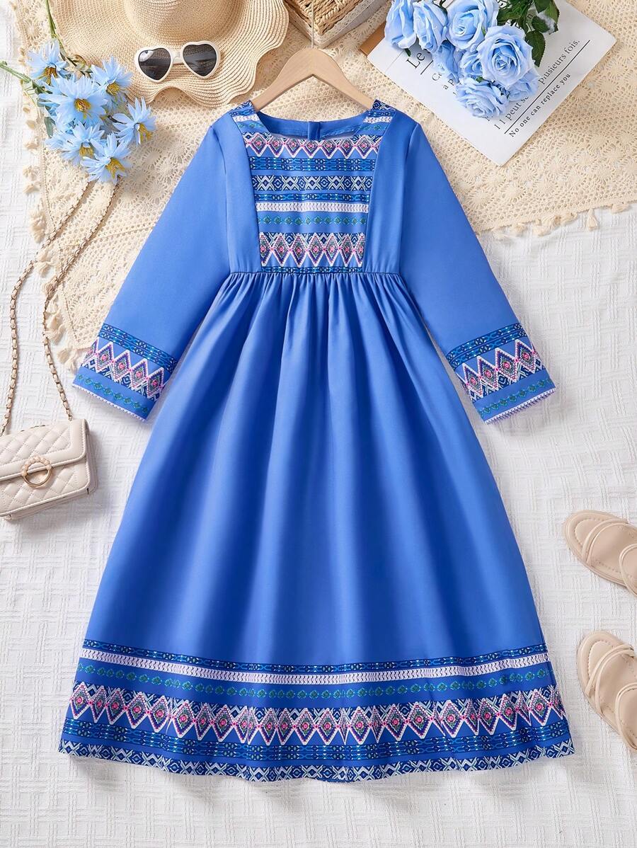 Tween Girls' Print Long Sleeve Dress - Blue - View 1