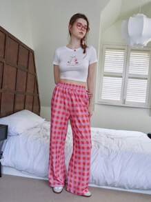 Jouncy Women's Contrast Plaid Pattern Pink Casual Pants Fall Cloth For Women