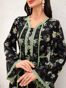 Al Najma Arabic Style Women Spring/Summer Contrast Color Ruffle Trim Bell Sleeve Dress,Modest - Black - View 2