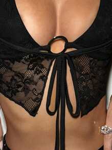 SHEIN ICON 女士蕾丝对比交叉系带前短款上衣 2 件套 - 黑色 - 查看 6