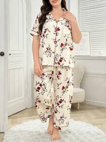 Plus Size Women Floral Print Gauze Ruffled Collar Patch Pocket Top And Pants Pajama Set