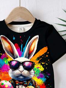 SHEIN Baby Boy Casual Cartoon Easter Rabbit & Egg Print Round Neck Loose Short Sleeve T-Shirt, Suitable For Summer - White - View 4