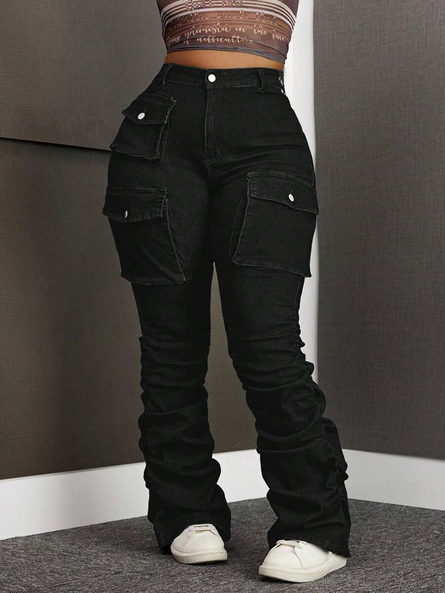 SHEIN SXY 大码女式弹力蓝色牛仔锥形裤带口袋 - 黑色 - 查看 1