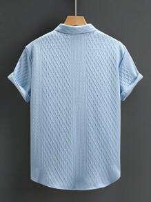 Manfinity Homme 男士休闲简约纯色纹理短袖衬衫，男士男士衬衫，男士服装衬衫 - 藍色 - 查看 2