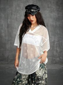 Coolane 女士春夏日常穿着 Y2K 运动服网眼数字图案图形大码白色运动衫