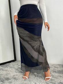 SHEIN Clasi 大码高开叉褶皱扎染印花半身裙女款半身裙