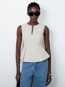 Lumivelle 女士纯色 V 领荷叶边下摆休闲背心 - 杏色 - 查看 1