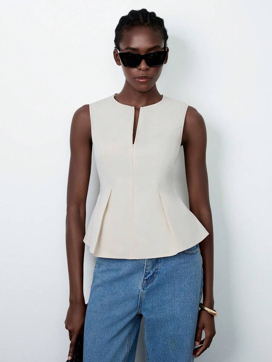 Lumivelle 女士纯色 V 领荷叶边下摆休闲背心 - 杏色 - 查看 1