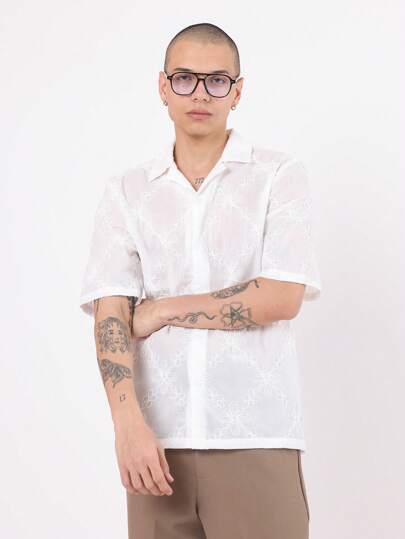 SUMWON 刺绣花卉度假衬衫纽扣领夏季休闲短袖度假海滩派对轻便商务休闲修身节日婚礼宾客衬衫