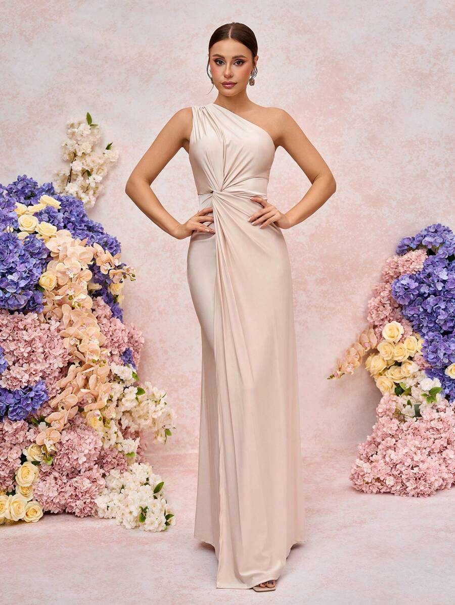 SHEIN Belle 女士浪漫优雅绿色针织面料扭纹宽松 A 字型伴娘礼服