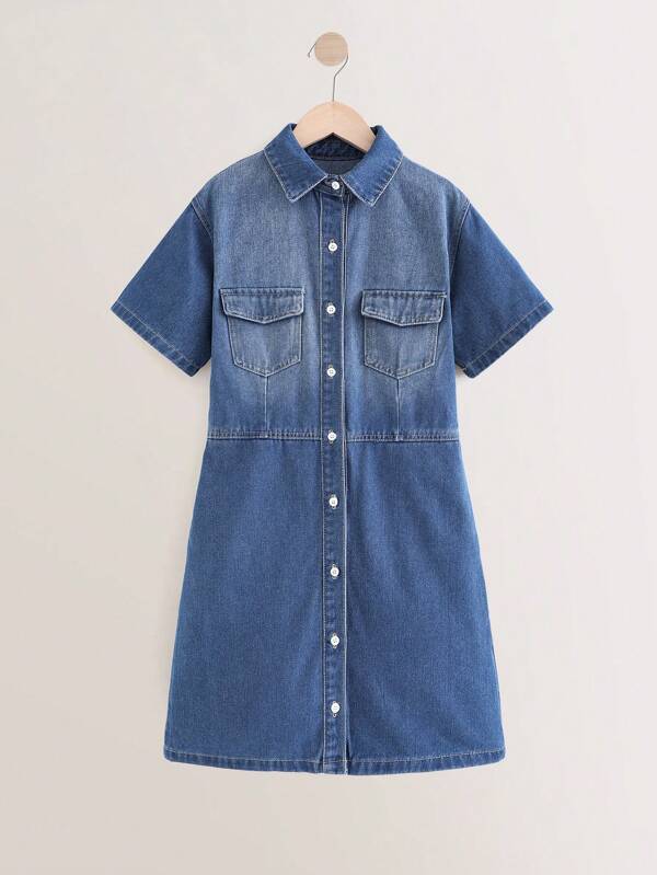 TEEN GIRLS BOHO VINTAGE COWBOY MUSIC FESTIVAL URBAN STREET Mini Dress With Lapel Collar And Short Sleeves. Patch Pockets With Flaps At Chest. Front Metal Button Closure.