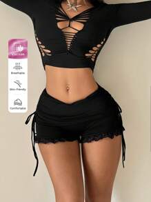SHEIN ICON Quần short thường ngày thoải mái có dây rút Y2k màu đen ôm vừa vặn, viền bèo nhún, trang trí - màu đen - Xem 9