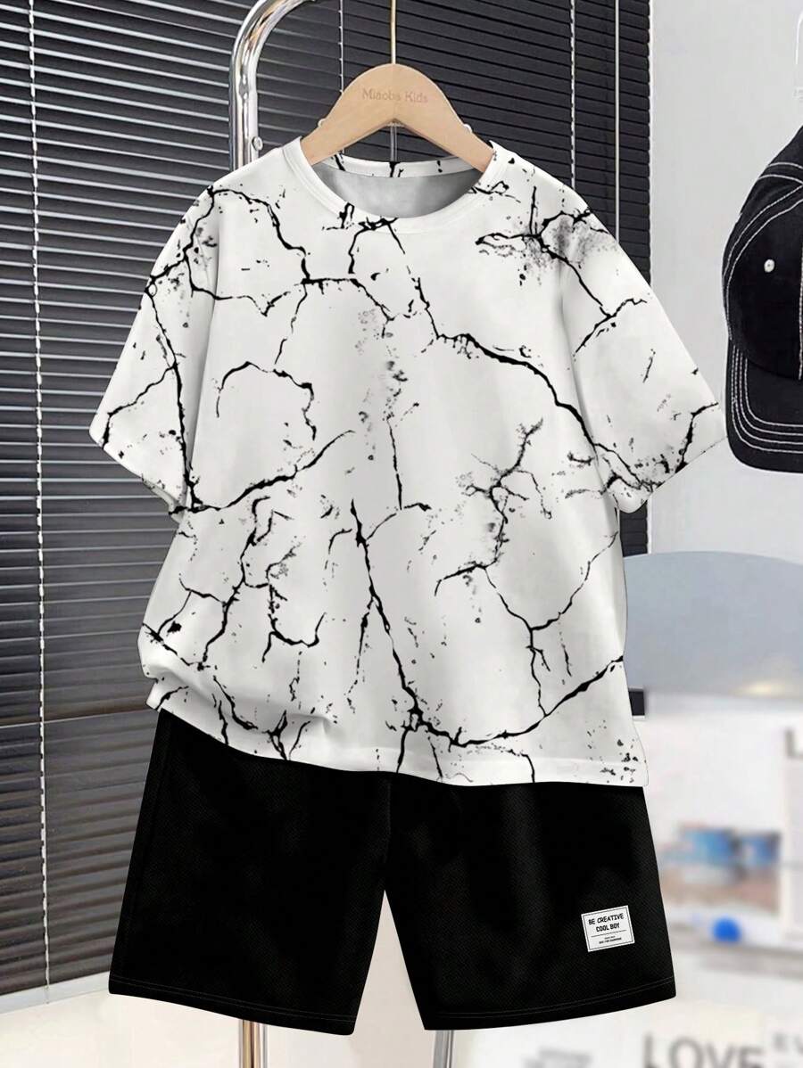2pcs/Set Tween Boy Casual Minimalist Cracked Pattern Short Sleeve Round Neck Set, Suitable For Summer - Multicolor - View 1