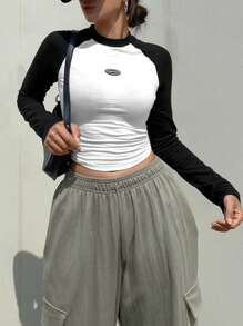 DAZY 女士拼色簡約日常長袖T恤 - 彩色 - 查看 4