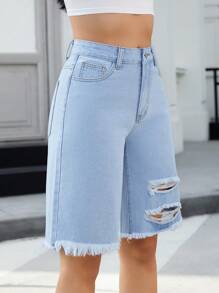 SHEIN Essnce Women's Pocket Ripped Raw Hem Casual Denim Shorts - Light Wash - View 3