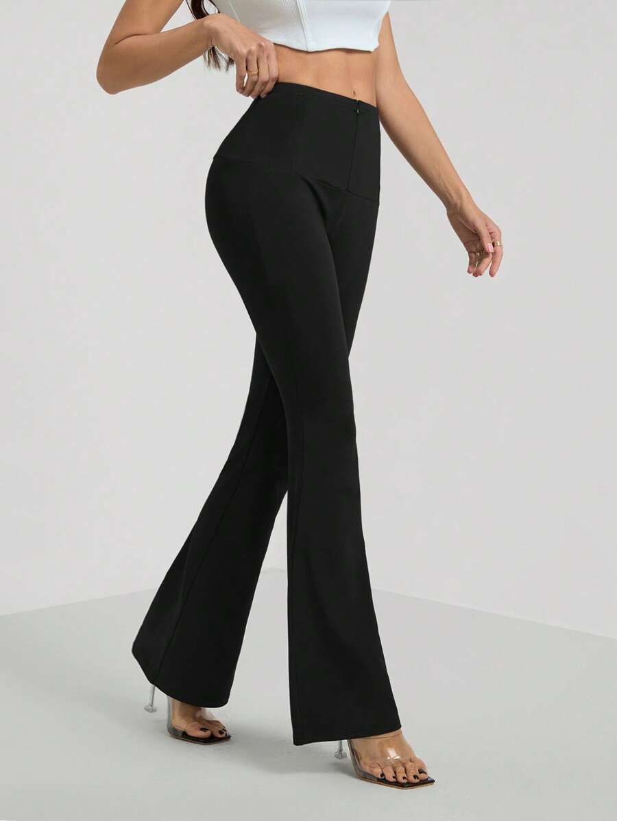 SHEIN Tall Women's Versatile Zipper Waist High Neck Slim Fit Bootleg Leggings, Black - Black - View 1