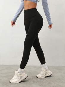 SHEIN PETITE 女士纯色弹性腰部罗纹紧身裤