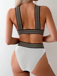 SHEIN Swim 度假编织肩带拼布比基尼套装 - 白色 - 查看 2