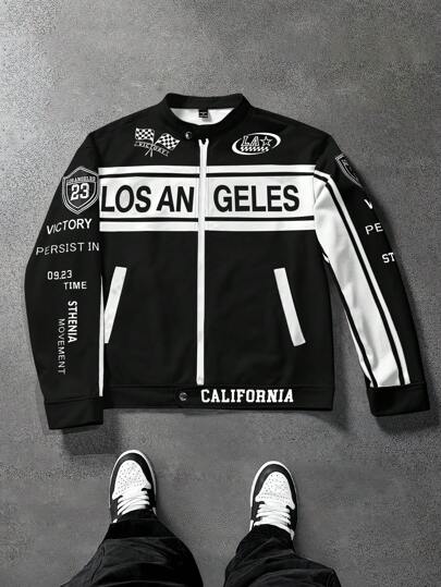 Manfinity Roghcode Manfinity Streetrush Men's Letter Print Contrast Color Baseball Collar Motorcycle Bomber Jacket