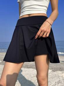 SHEIN EZwear 女士简约半身裙，适合夏季 - 藏蓝色 - 查看 3