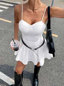 SHEIN Essnce Short White Dress, Elegant White Dresses, Elegant Solid Color White Dress With Waist Strap, Mini Dress For Women. - White - View 6