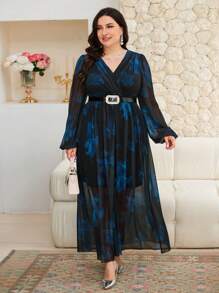 Modelyn Plus Size See-Through Floral Mesh V-Neck Long Party Dress - Multicolor - View 6