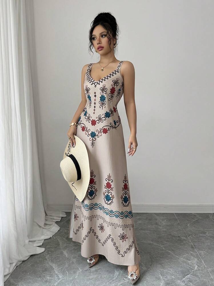 Rafferiza Vestido maxi de línea A con estampado floral, cuello en V y tirantes, de tela con sensación de lino, estilo vacacional para primavera y verano para mujeres - Albaricoque - Añade 5