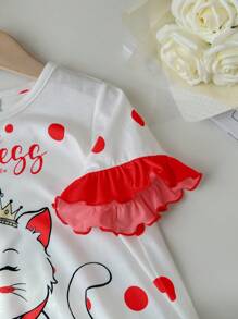 SHEIN Camisón informal y lindo con mangas cortas con volantes, diseño de dibujos animados y contraste de colores para niñas jóvenes