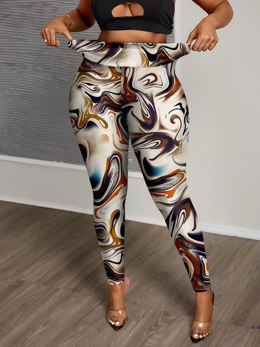 Slaydiva 女士休闲简约波浪纹印花全长紧身裤，秋冬款 - 彩色 - 查看 1