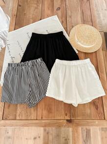 SHEIN LMoss Kids 3pcs/Set Tween Girls Minimalist Comfortable Striped & Solid Black/White Color Casual Shorts Set - Multicolor - View 2