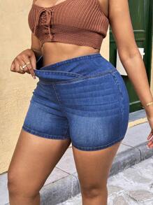 SHEIN Tall CURVE 大码女式蓝色牛仔弹性不对称腰短裤，夏季、度假女士、复活节、春季、西部、女性办公室、狂欢、婴儿洗礼、乡村风格、乡村女性、老钱风格女性、外出、节日、牛仔竞技、机场 - 藍色 - 查看 7