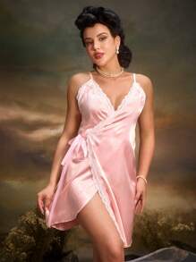 PinupGlam Rosafarbener Samtspitzen Wickel-Vintage-Palast-Stil Damen Nachthemd
