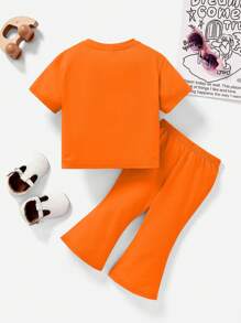 SHEIN LMoss Kids 女婴休闲简约短袖服装，适合春夏季 - 橘色 - 查看 2
