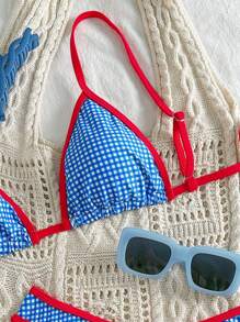 Swim Mod 2 件套 Springbreak 格纹印花撞色边饰三角形上衣和高腰泳裤可爱比基尼套装，夏季 - 藍色 - 查看 3