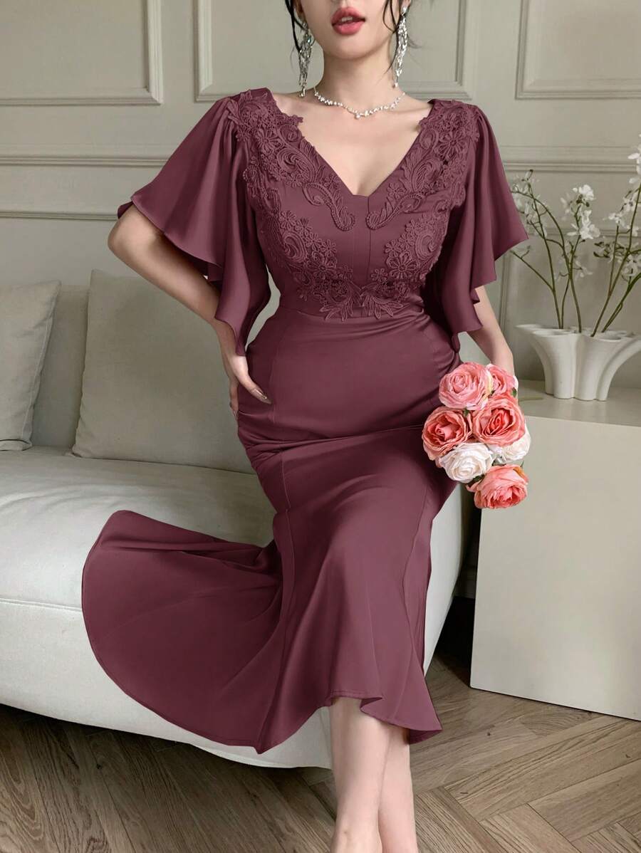 DAZY 亮片拼布荷叶边袖鱼尾中长连衣裙女士舞会礼服优雅太阳裙 - 紫色 - 查看 1