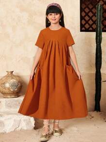 SHEIN Tween Mädchen einfarbiges, strukturiertes Stoffkleid mit kurzen Ärmeln und lockerer A-Linie und Taschen, langes Kleid
