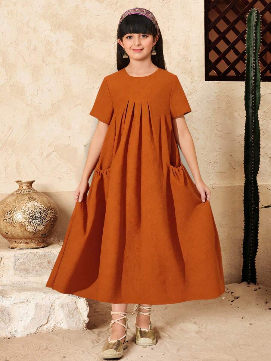 SHEIN Tween Mädchen einfarbiges, strukturiertes Stoffkleid mit kurzen Ärmeln und lockerer A-Linie und Taschen, langes Kleid