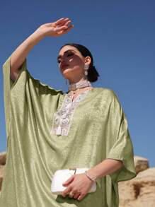 Al Najma Bohemian Fringe Embroidered Loose Women Tunic & Arabian Traditional Maxi Dress Kaftan Jalabiya Dress - Green - View 9