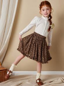 Blossori 年轻女孩法式优雅卡其色和黑色花卉植绒网眼中长裙，春夏 - 彩色 - 查看 5