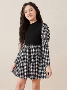 SHEIN Cô gái Tween Họa tiết Nanh sói Cổ giả Tay áo Đầm - Đen và trắng - Xem 3