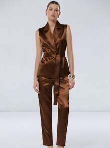 Aveloria Modichic Women's Satin-Trimmed Lapel Sleeveless Blazer Vest With Belt & Suit Pants Co-Ord Set, Elegant Luxury Commuting & Versatile Style